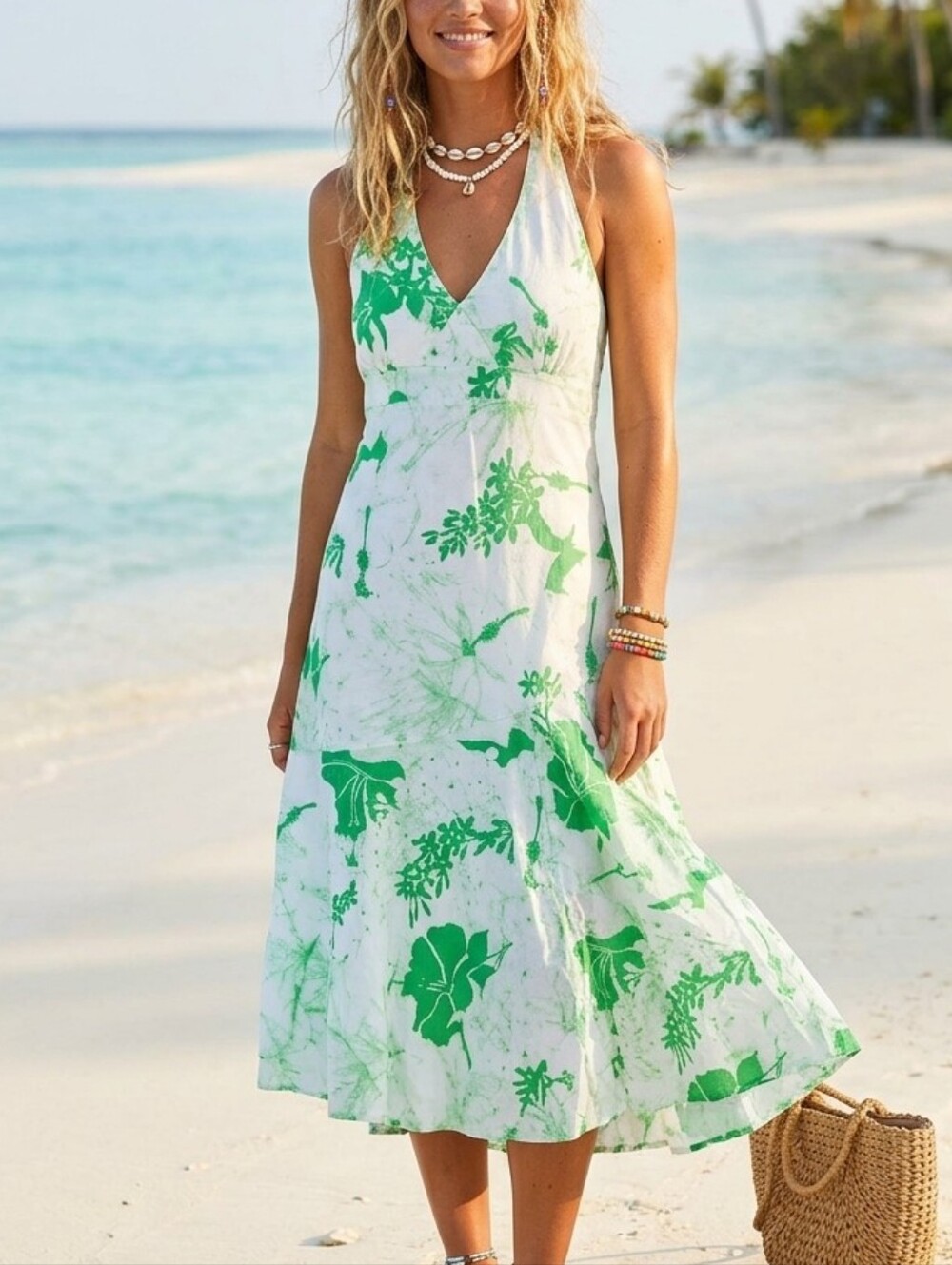 Roxy White Green Tropical Floral Cotton Halter Dress Small Drop Waist Flouncey